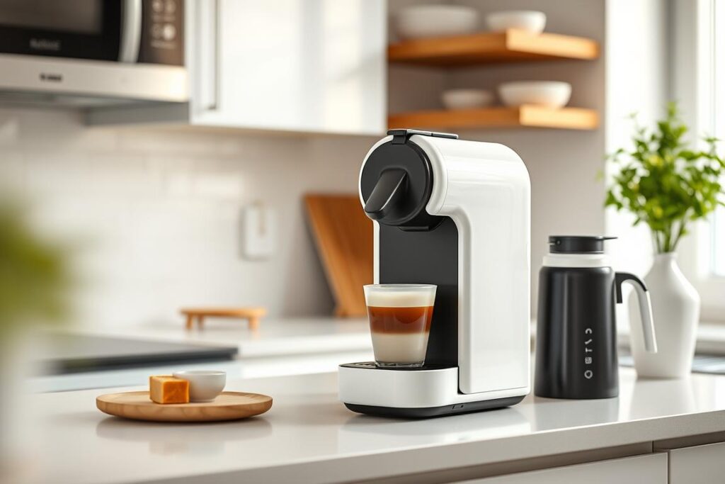 Aparat de cafea cu capsule compact și accesibil pe blat alb Aparat de cafea cu capsule compact și accesibil pe blat alb