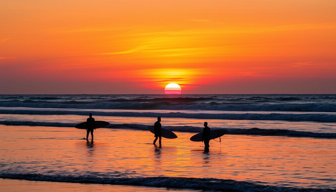 Apus de soare Vama Veche cu surferi în apă, Marea Neagră România