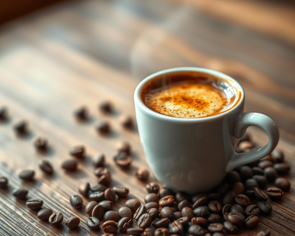 Cafea espresso proaspătă în cană albă cu crema perfectă și boabe de cafea Cafea espresso proaspătă în cană albă cu crema perfectă și boabe de cafea