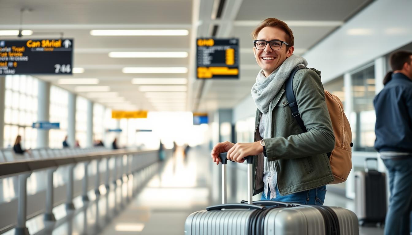 Călător fericit la aeroport cu bagajul de mână perfect ales Călător fericit la aeroport cu bagajul de mână perfect ales