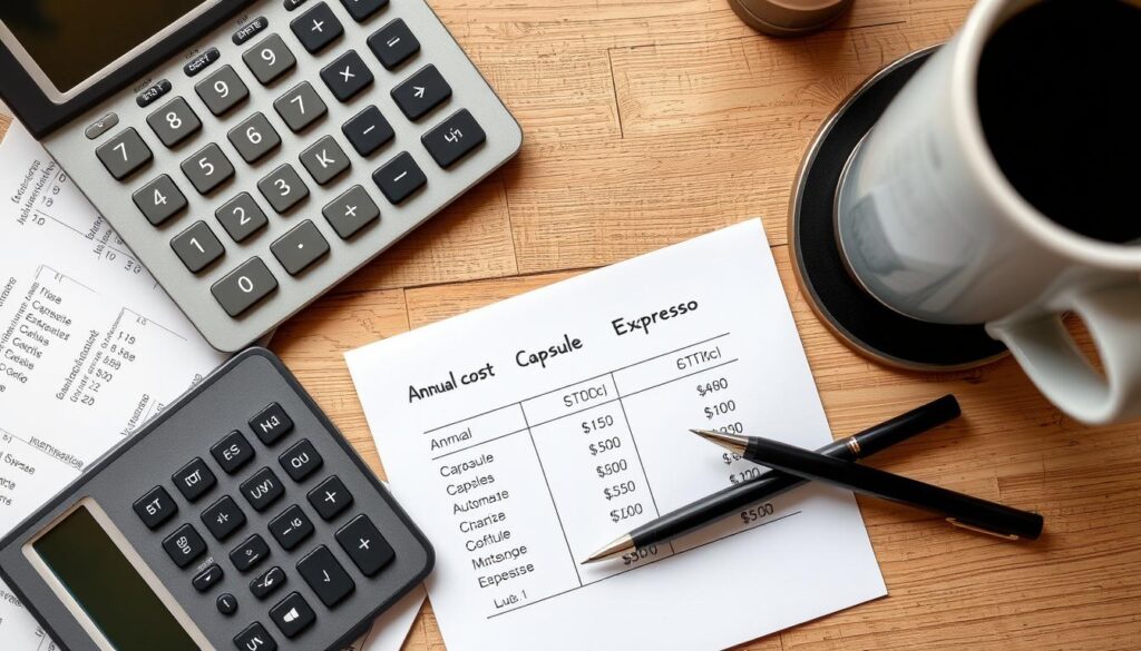 Calculator și cafea pe masă cu grafic de costuri anuale Calculator și cafea pe masă cu grafic de costuri anuale