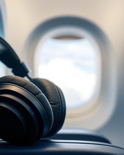 Căști ANC în avion pe scaun economy Wizz Air cu fundal fereastră peste nori