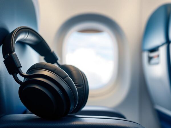 Căști ANC în avion pe scaun economy Wizz Air cu fundal fereastră peste nori