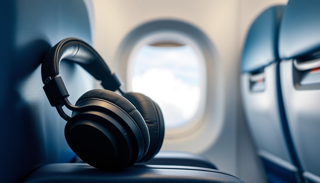 Căști ANC în avion pe scaun economy Wizz Air cu fundal fereastră peste nori
