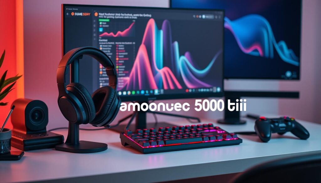 Căști gaming sub 500 lei aranjate pe birou de gaming cu controller și tastatură