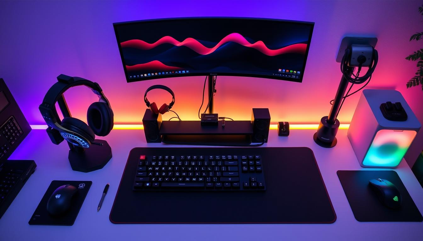Colecție accesorii gaming pe birou - suport căști, mousepad, mouse, tastatură Colecție accesorii gaming pe birou - suport căști, mousepad, mouse, tastatură