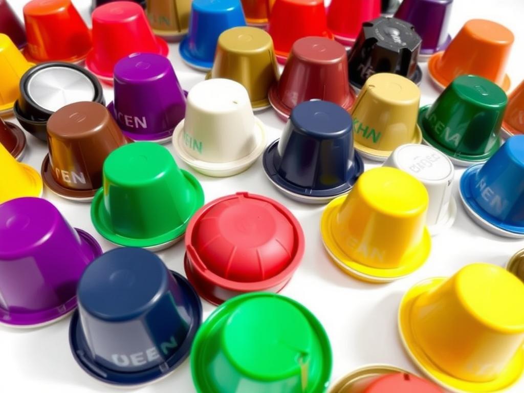 Colecție de capsule de cafea colorate Nespresso și Dolce Gusto aranjate pe masă Colecție de capsule de cafea colorate Nespresso și Dolce Gusto aranjate pe masă
