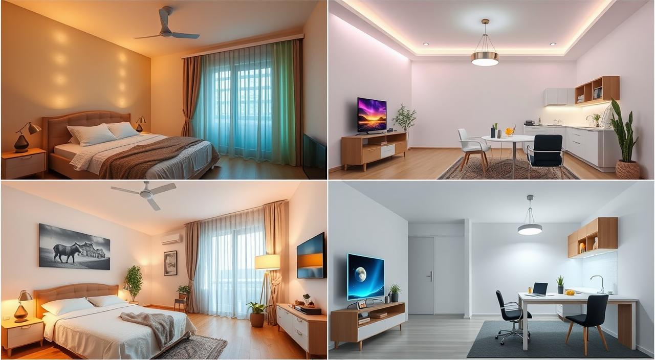 Diferite camere din apartament cu becuri smart instalate