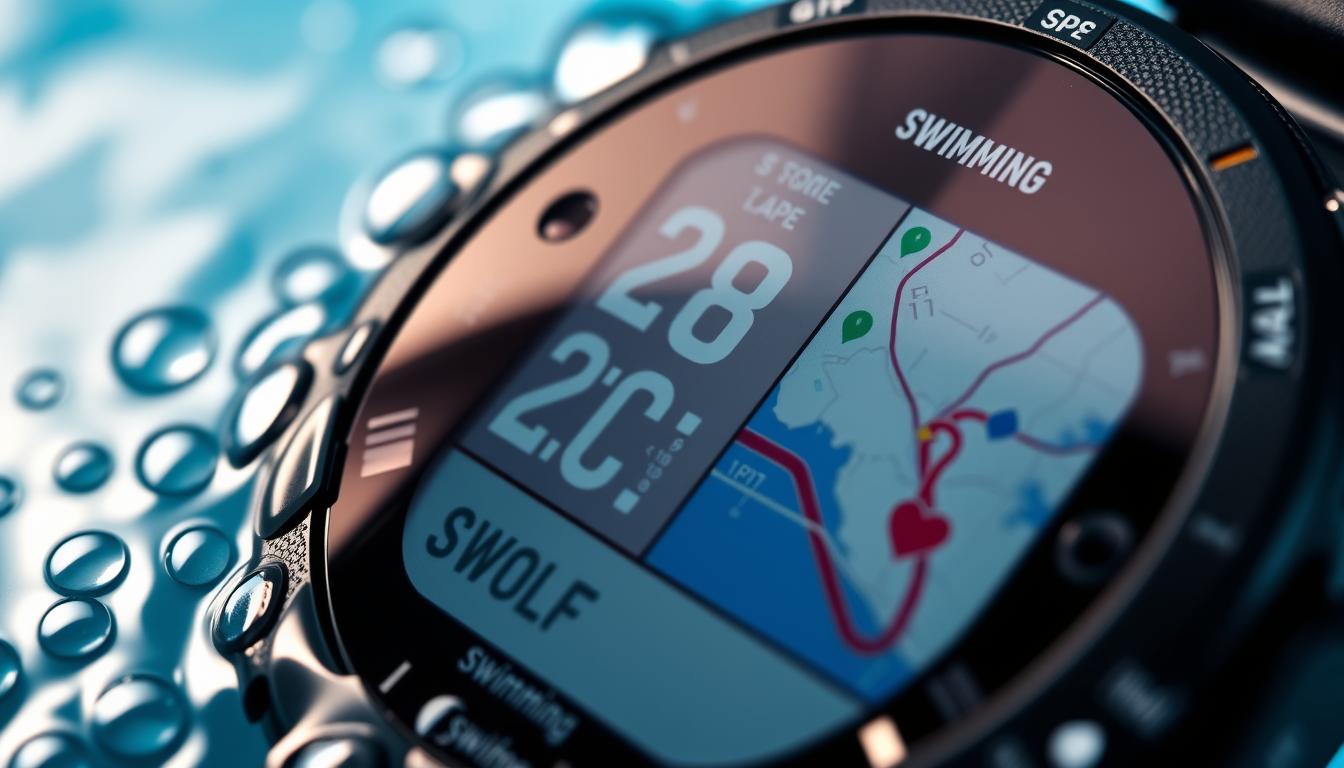 Ecran smartwatch rezistent la apa inot afișând metrici SWOLF și tracking GPS