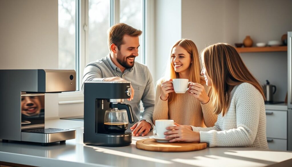Familie fericită bând cafea împreună în bucătărie modernă dimineața Familie fericită bând cafea împreună în bucătărie modernă dimineața