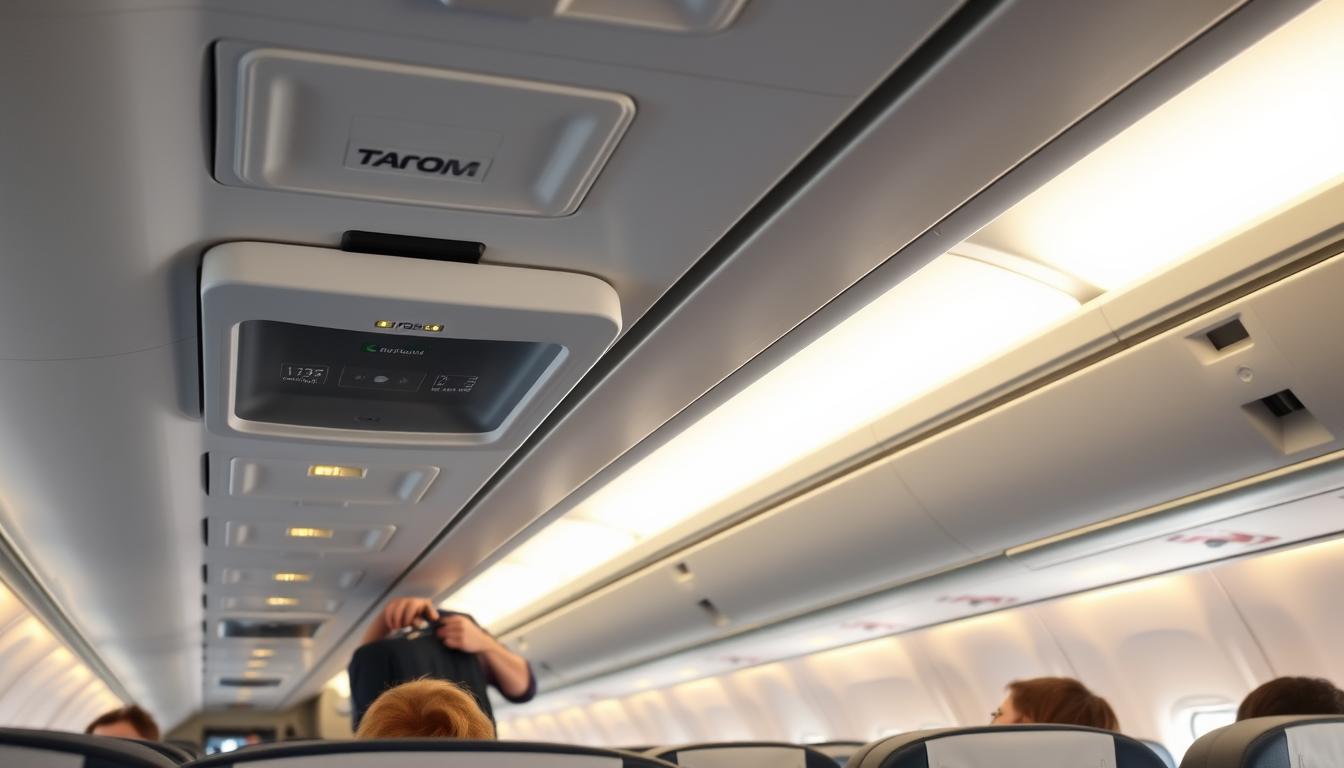 Interior cabină avion Tarom cu bagaje în compartimente Interior cabină avion Tarom cu bagaje în compartimente