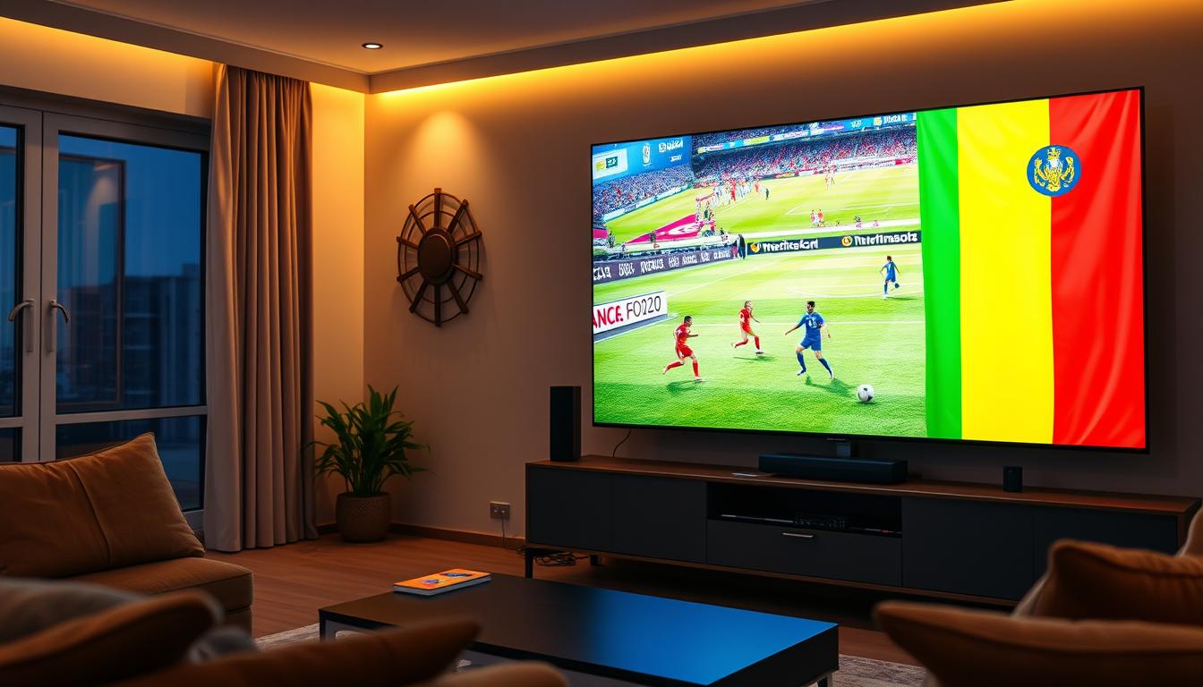 Living românesc pregătit pentru CM 2026 cu soundbar instalat și televizor afișând meci de fotbal Living românesc pregătit pentru CM 2026 cu soundbar instalat și televizor afișând meci de fotbal