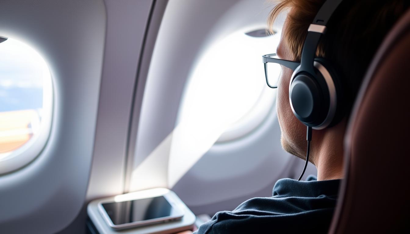 Passenger folosind căști Bluetooth în avion legal conform reguli 2026