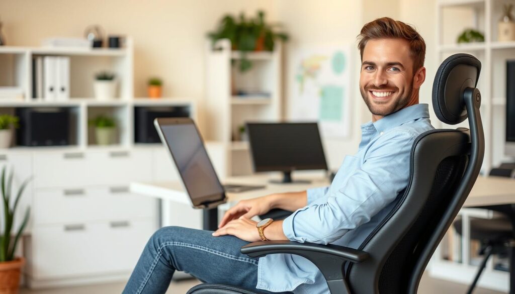 Persoană confortabilă lucrând pe scaun ergonomic în birou modern Persoană confortabilă lucrând pe scaun ergonomic în birou modern