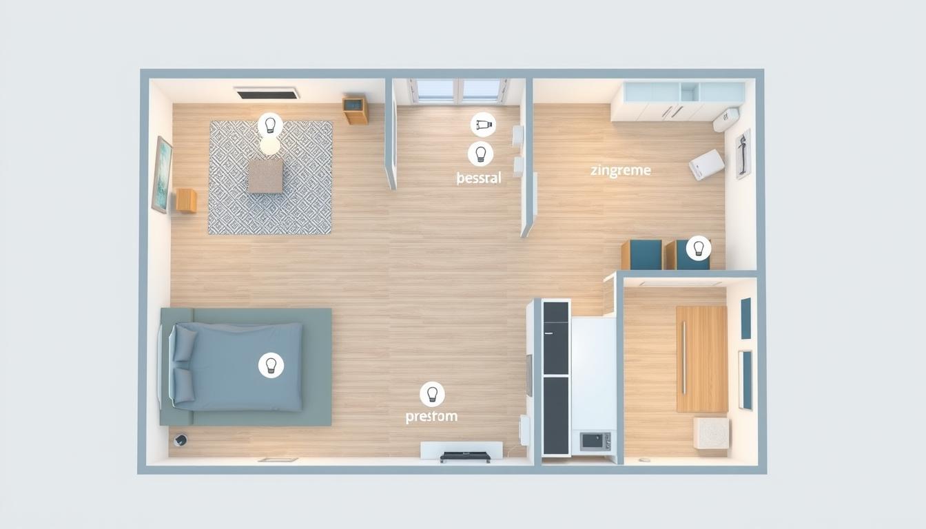Plan apartament românesc cu zone marcate pentru dispozitive smart pe camere