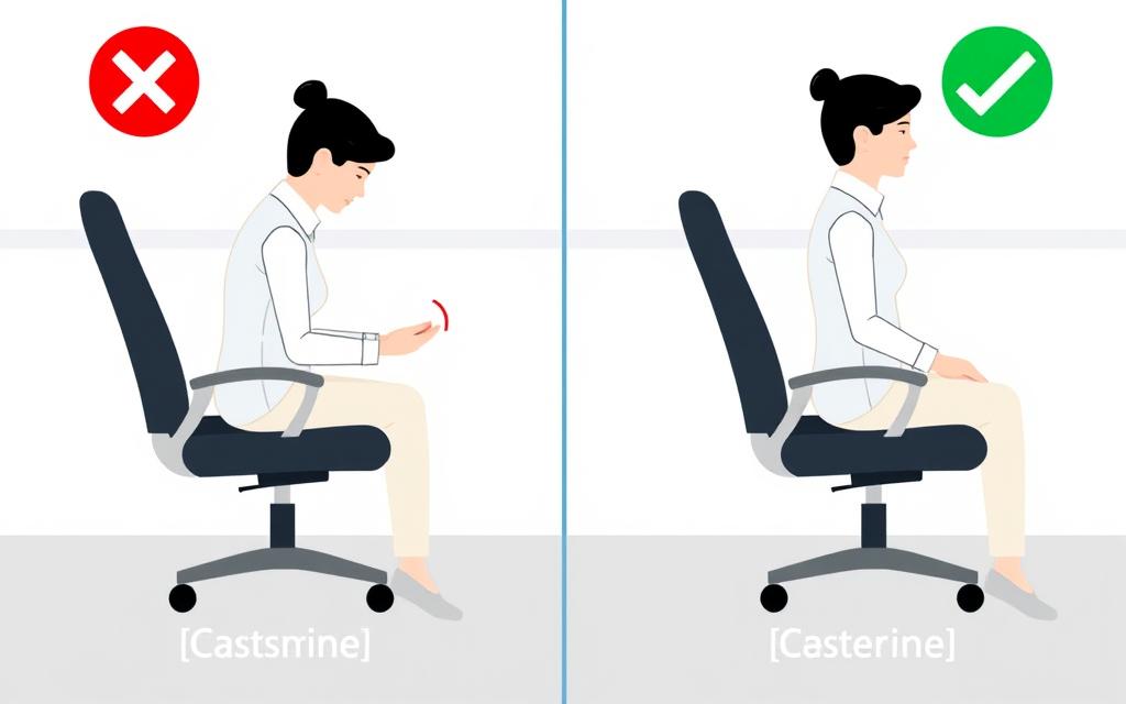 Poziție incorectă pe scaun de birou versus poziție corectă Poziție incorectă pe scaun de birou versus poziție corectă