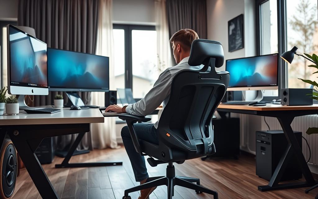 Profesionist lucrând pe scaun ergonomic premium în birou modern Profesionist lucrând pe scaun ergonomic premium în birou modern