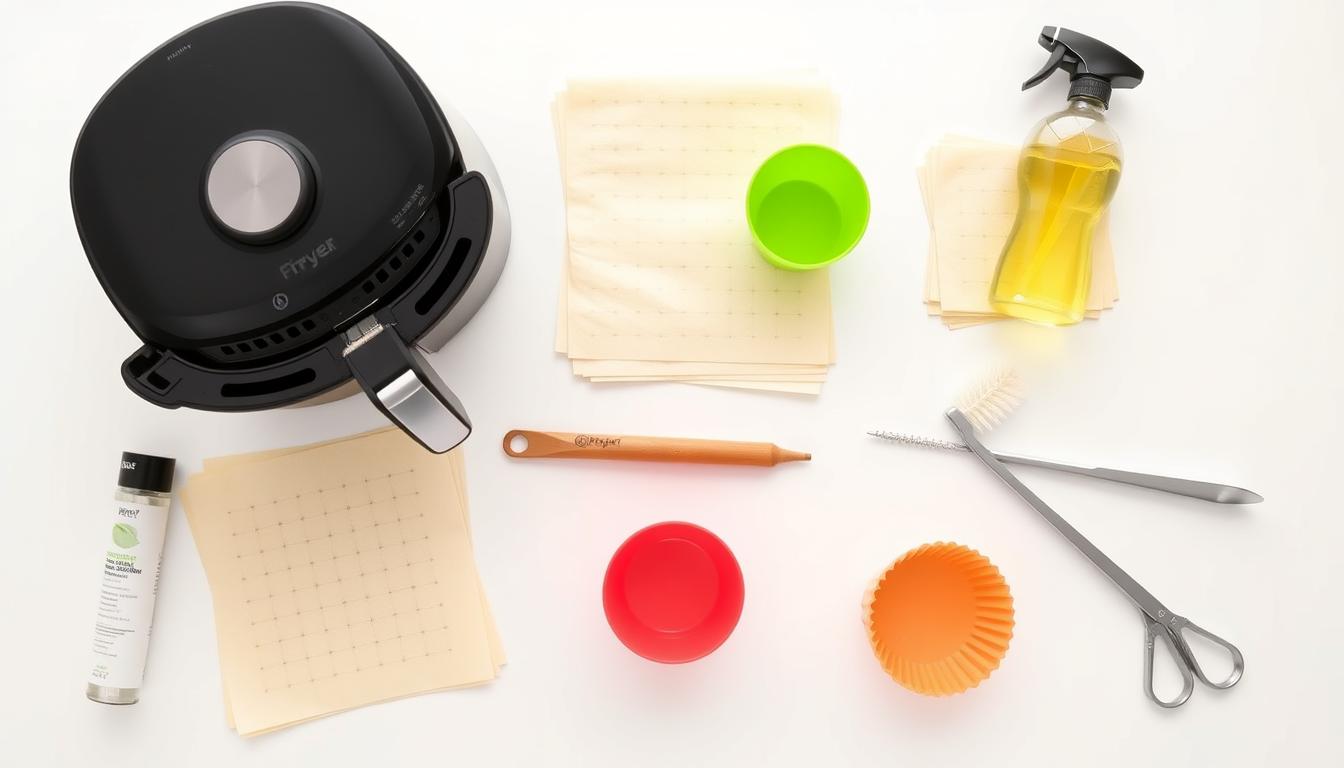 accesorii pentru air fryer: hârtie perforată, forme silicon, pulverizator ulei, clește