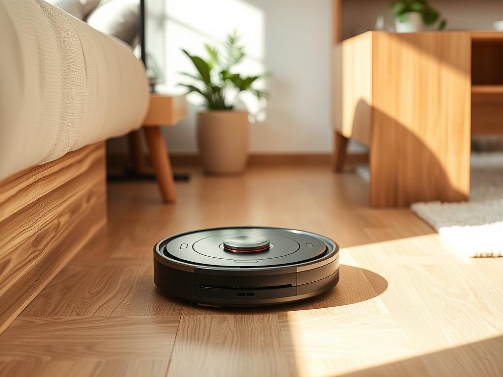aspirator robot compact funcționând pe podea de apartament modern