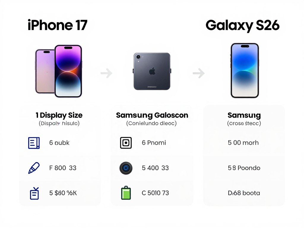 detailed specification comparison chart showing iPhone 17 and Samsung Galaxy S26 key features side by side detailed specification comparison chart showing iPhone 17 and Samsung Galaxy S26 key features side by side