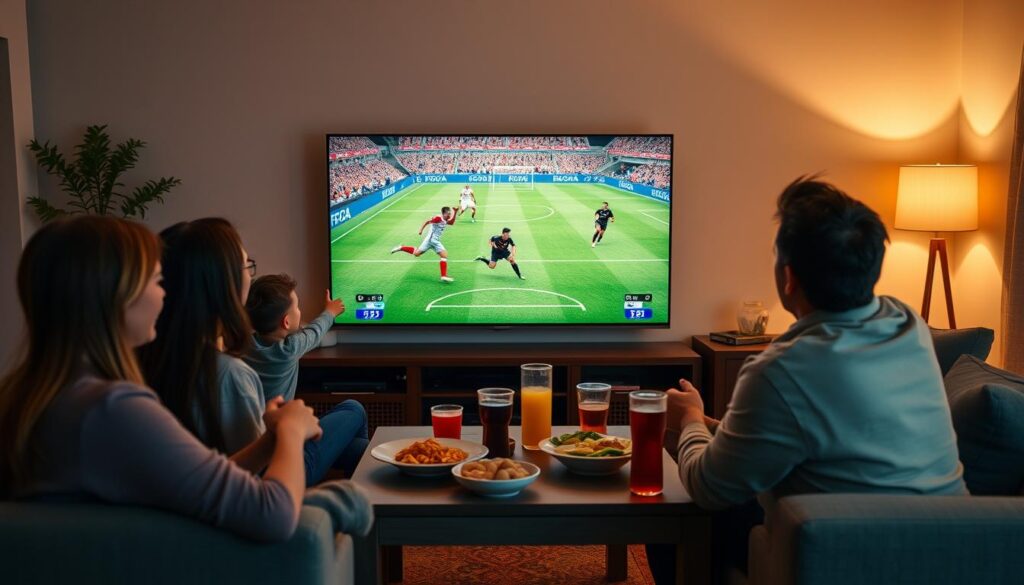 familie romana urmarind meci fotbal Cupa Mondiala pe televizor nou