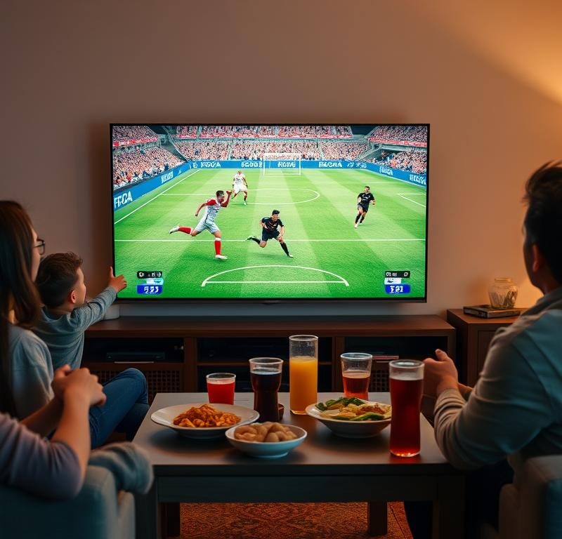 familie romana urmarind meci fotbal Cupa Mondiala pe televizor nou