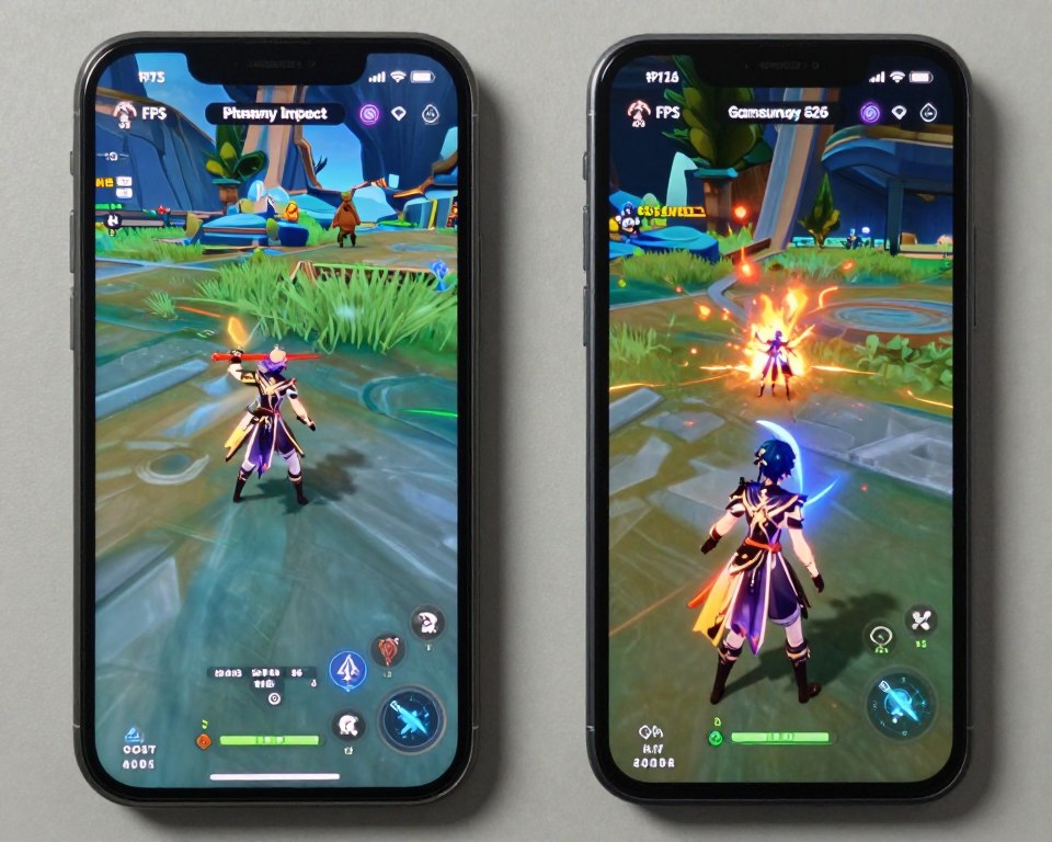 gaming performance comparison showing iPhone 17 and Samsung Galaxy S26 running demanding mobile games gaming performance comparison showing iPhone 17 and Samsung Galaxy S26 running demanding mobile games