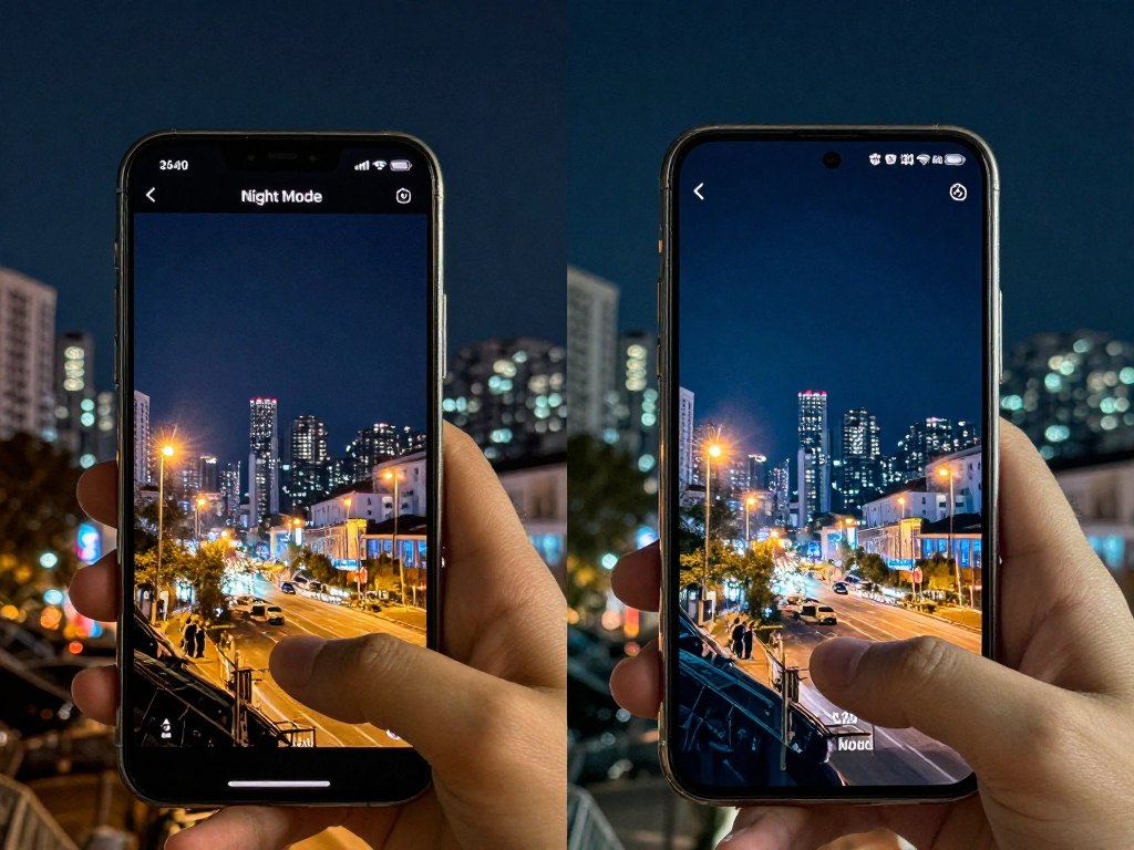 night photography comparison between iPhone 17 and Samsung Galaxy S26 showing low-light performance night photography comparison between iPhone 17 and Samsung Galaxy S26 showing low-light performance