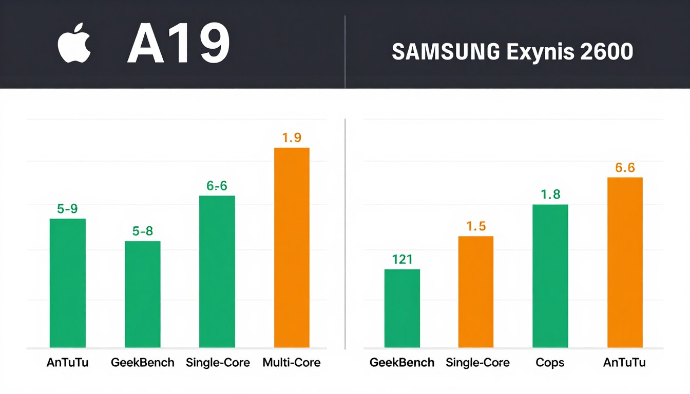 performance benchmark comparison showing Apple A19 chip vs Samsung Exynos 2600 processor scores performance benchmark comparison showing Apple A19 chip vs Samsung Exynos 2600 processor scores