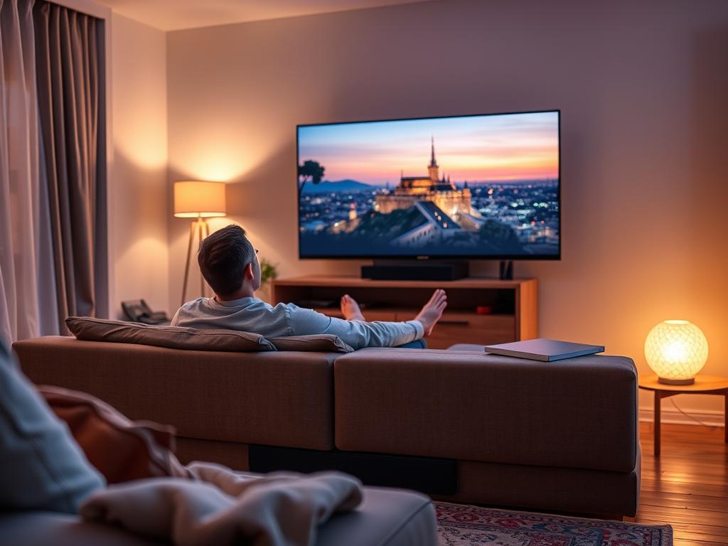 persoană vizionând film pe televizor cu soundbar compact