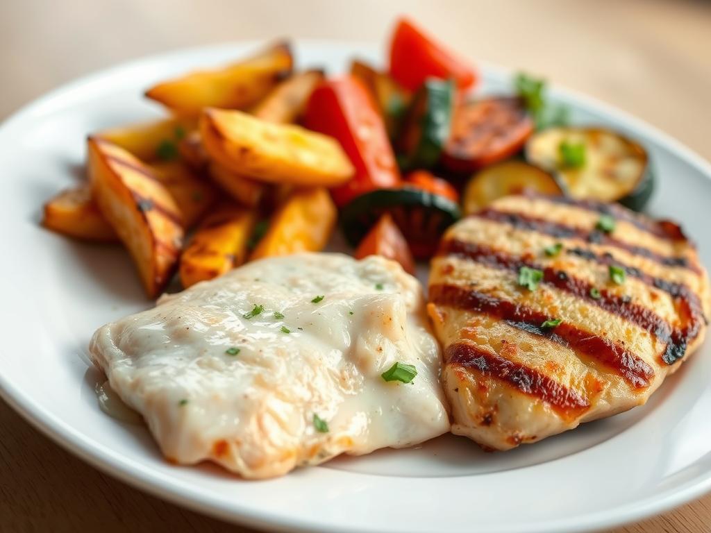 preparate sănătoase gătite în friteuza cu aer cald: cartofi wedges, legume și piept de pui preparate sănătoase gătite în friteuza cu aer cald: cartofi wedges, legume și piept de pui