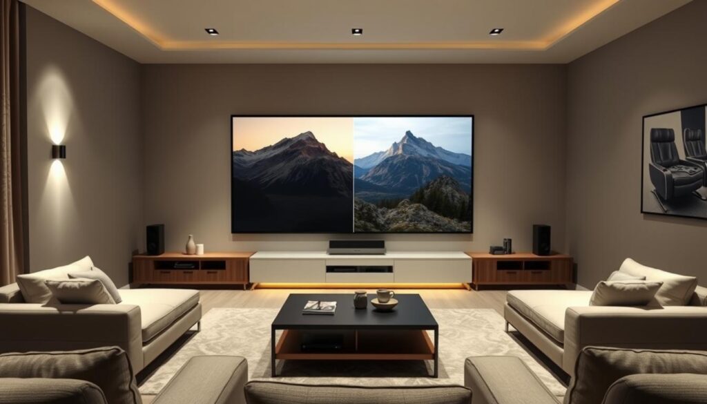 proiector sau televizor pentru home cinema modern cu ecran mare și sistem audio