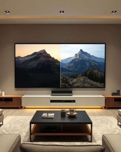 proiector sau televizor pentru home cinema modern cu ecran mare și sistem audio