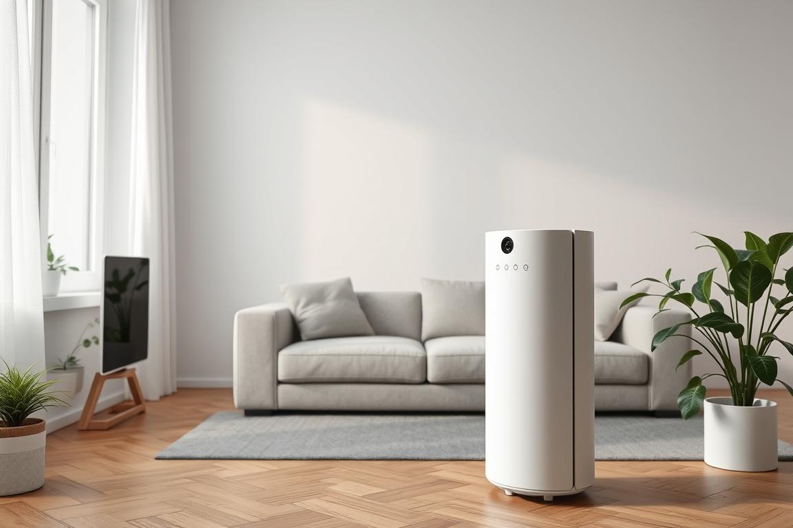purificator de aer compact funcționând într-un apartament modern