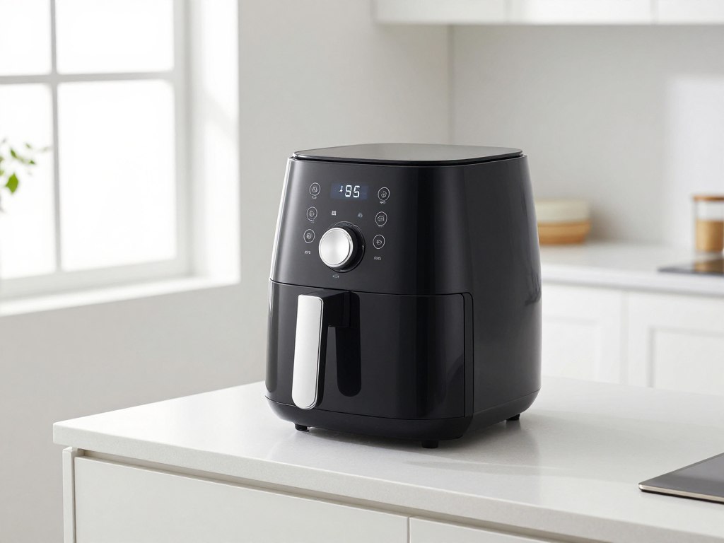 Air fryer compact negru pe blatul de bucătărie modernă