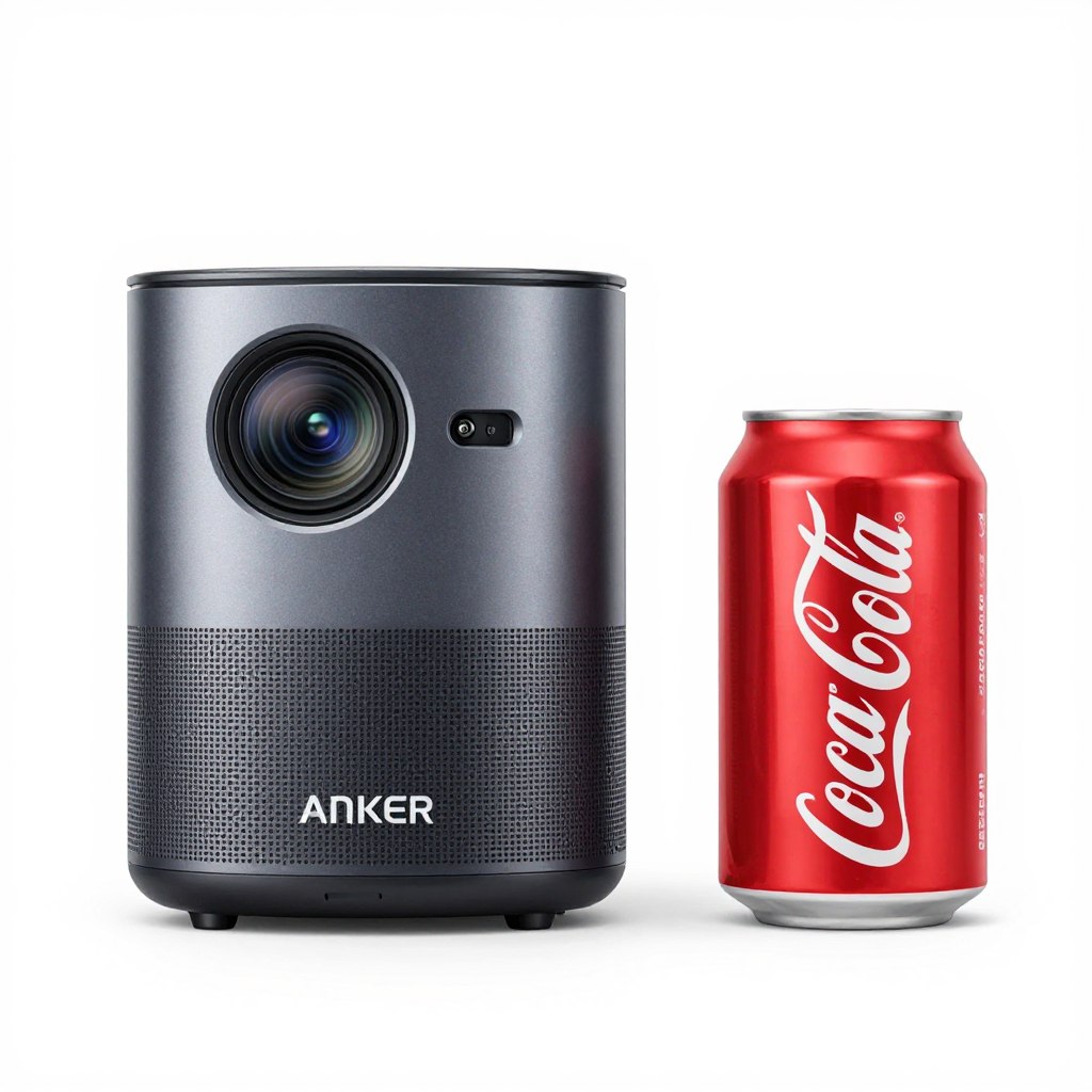 Anker Nebula Capsule 3 asezat langa o doza de cola pentru comparatie dimensiune Anker Nebula Capsule 3 asezat langa o doza de cola pentru comparatie dimensiune