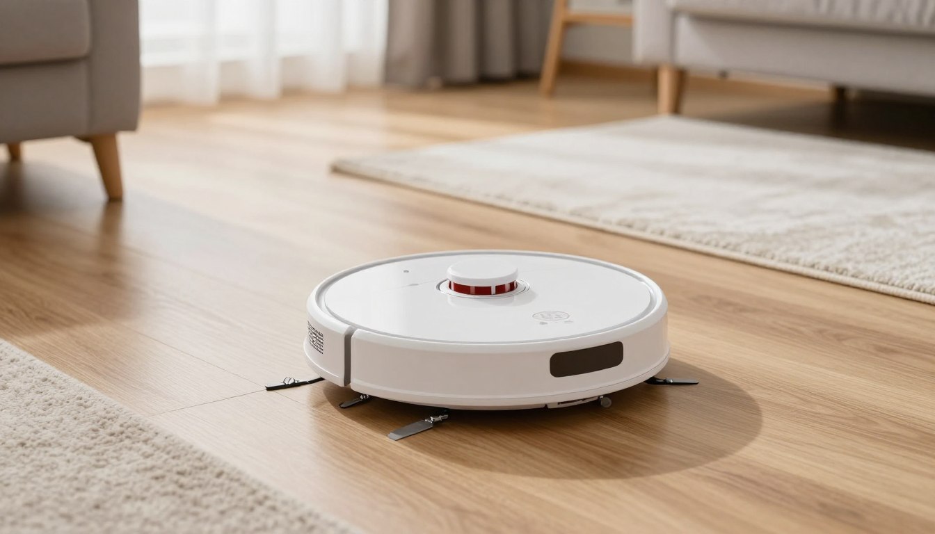 Aspirator robot sub 1500 lei 2026 Romania navigând prin apartament românesc modern cu covoare