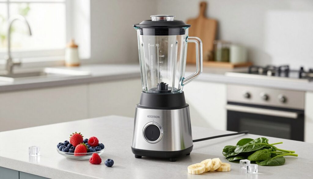 Blender de smoothie sub 400 lei cu fructe proaspete si congelate pe blat de bucatarie modern