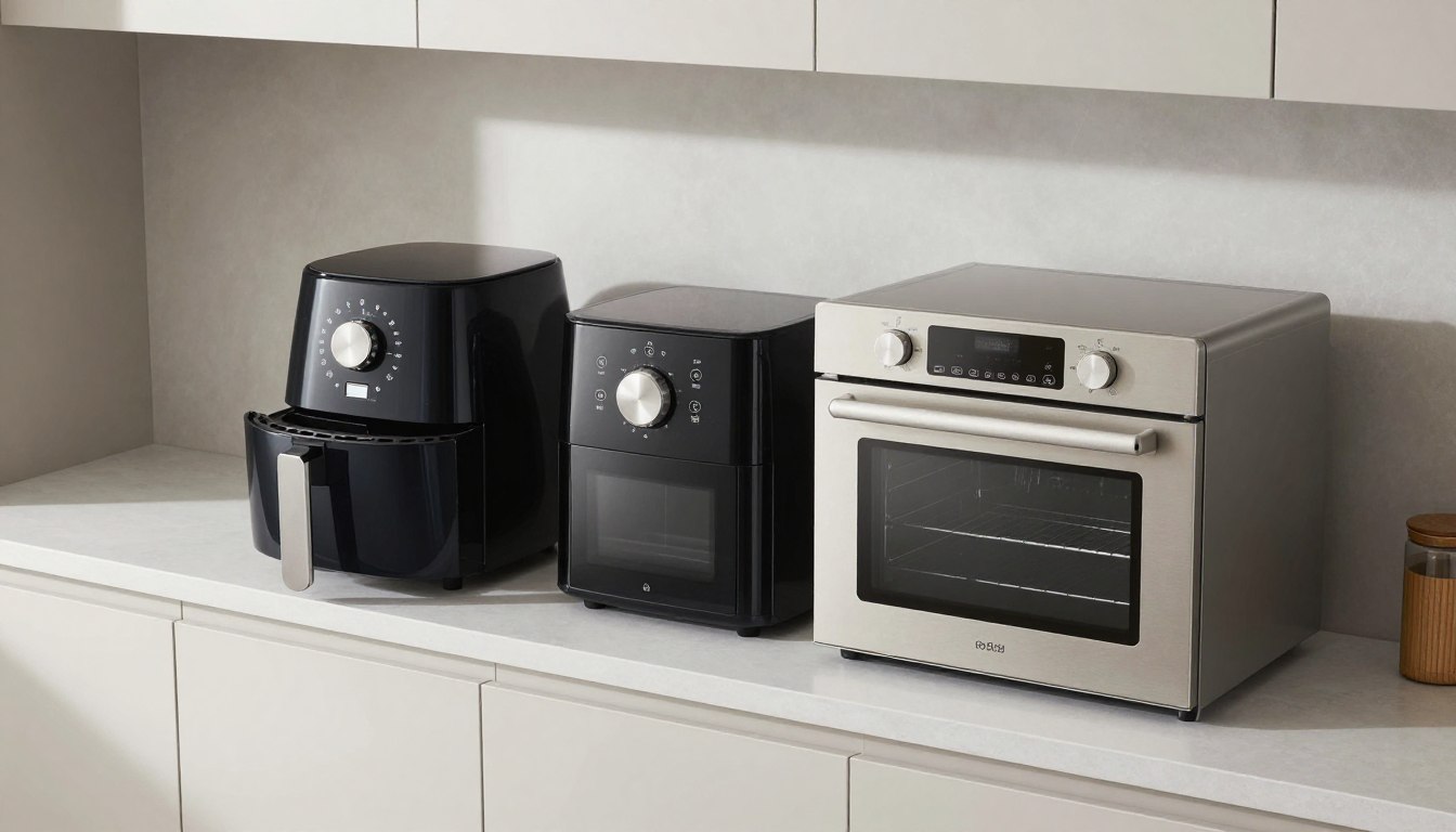 Bucătărie modernă cu air fryer și cuptor bine organizate