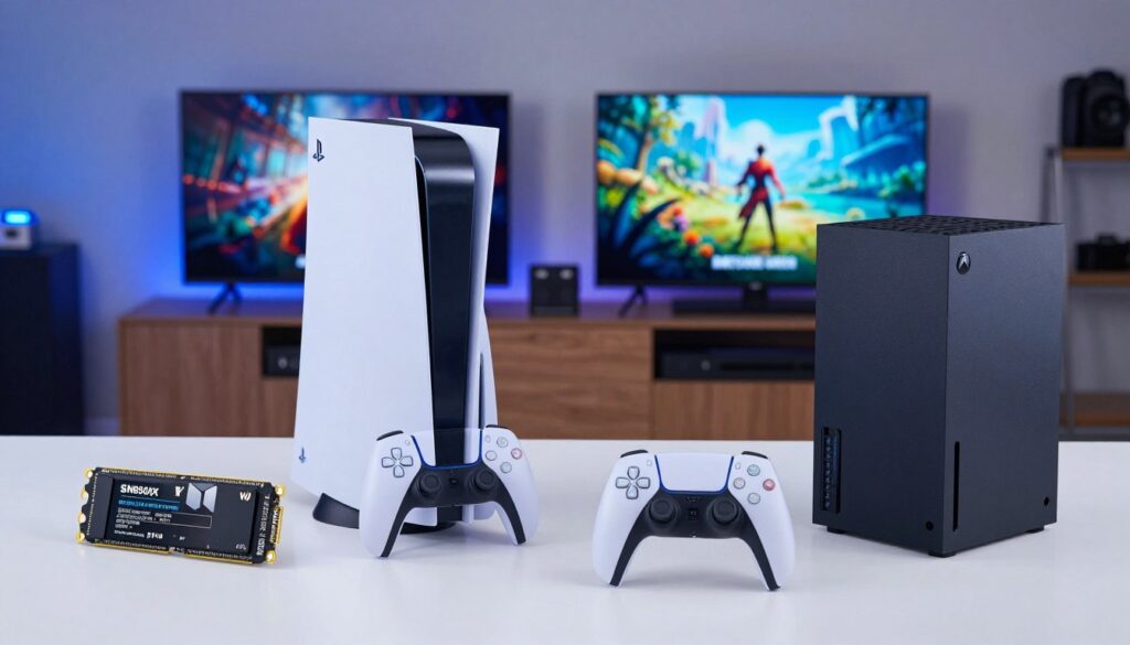 Comparație finală SSD extern PS5 M.2 versus Xbox Seagate expansion card gaming setup