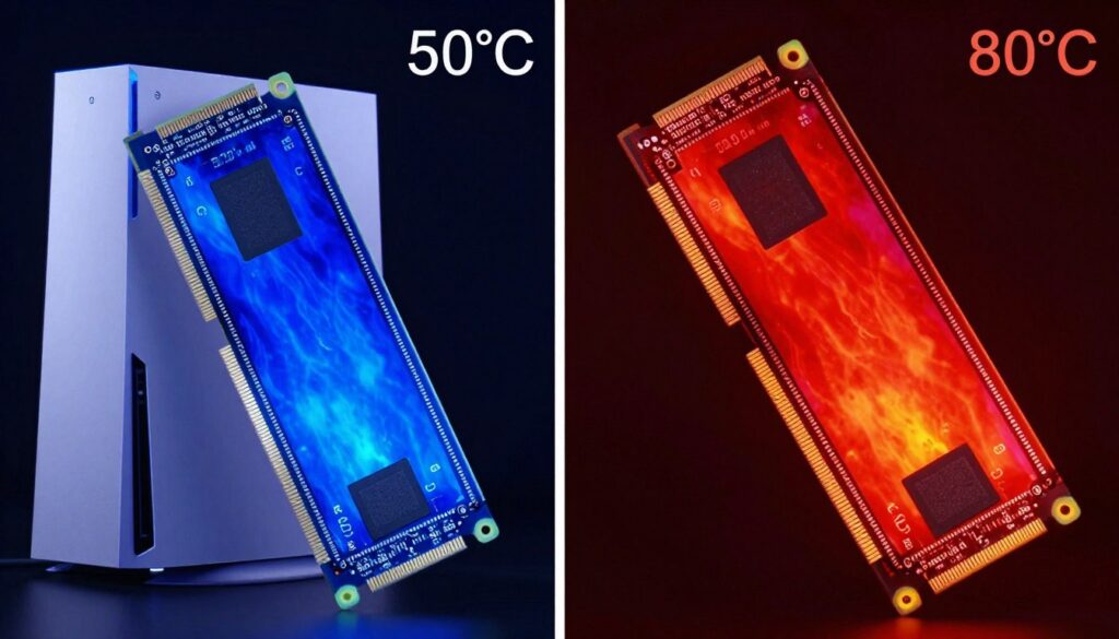 Comparație temperaturi SSD M.2 PS5 cu heatsink versus fără heatsink throttling