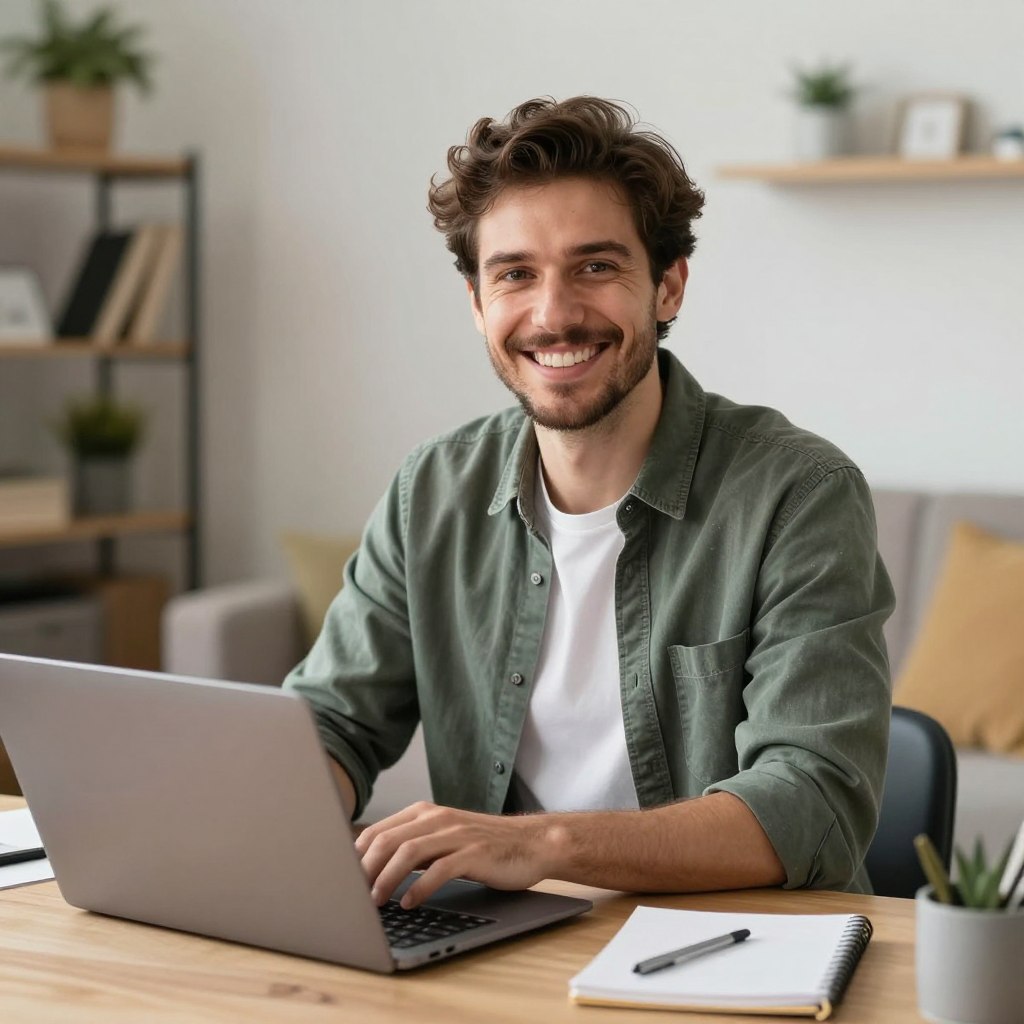 Happy remote worker with chosen laptop
