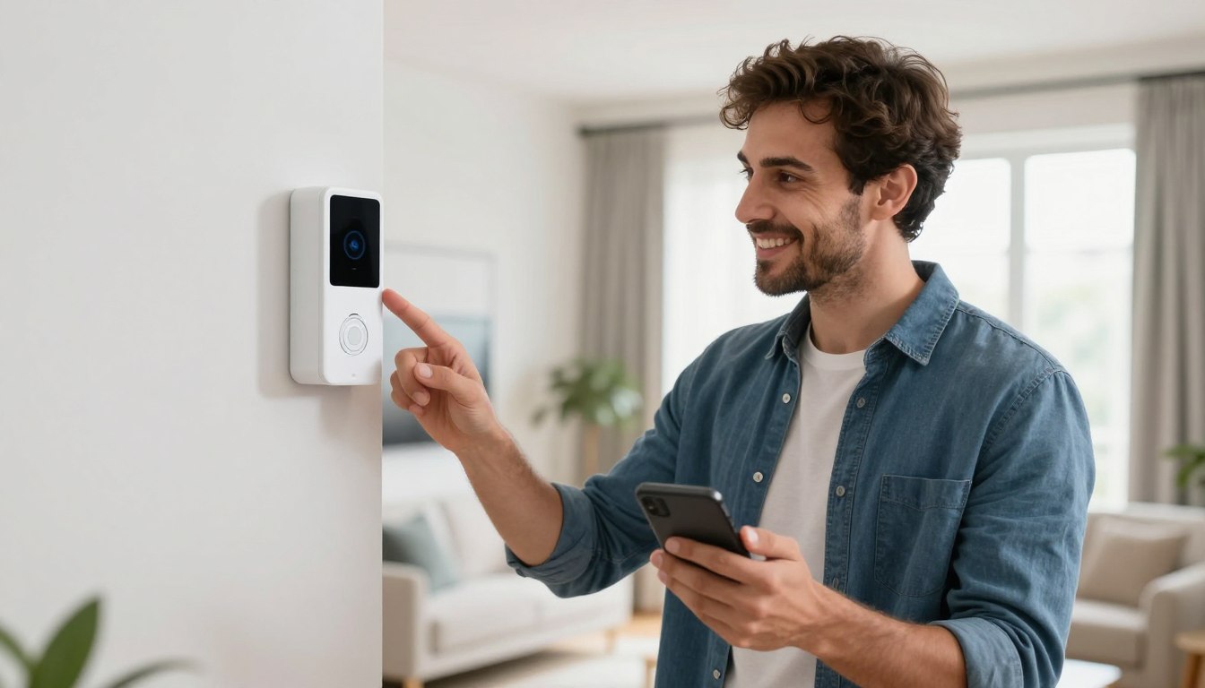 Proprietar de apartament mulțumit verificând video interfonul wireless pe smartphone Proprietar de apartament mulțumit verificând video interfonul wireless pe smartphone