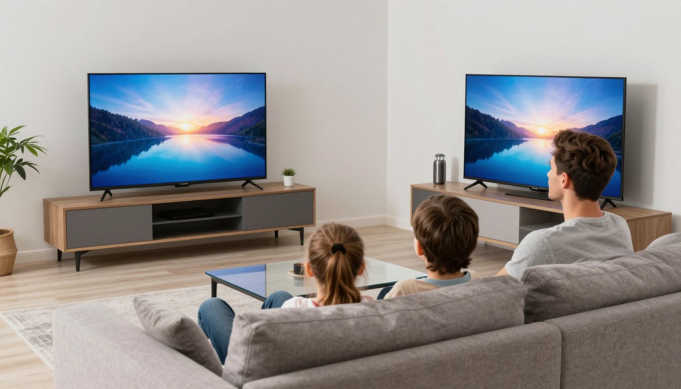 Romanian family watching OLED TV different viewing angles living room Romanian family watching OLED TV different viewing angles living room
