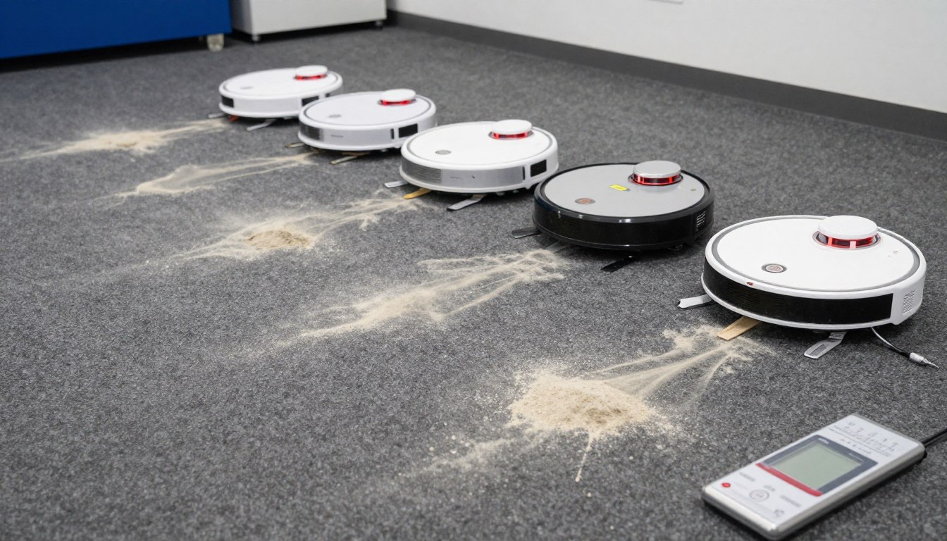 Test praf 10 grame pe covor gros 4 aspiratoare robot comparație Test praf 10 grame pe covor gros 4 aspiratoare robot comparație