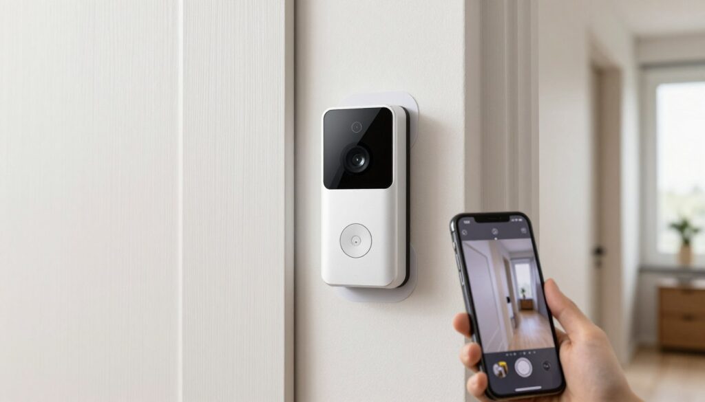 Video interfon wireless montat pe ușa de apartament fără găurire, arătând vizualizarea pe smartphone