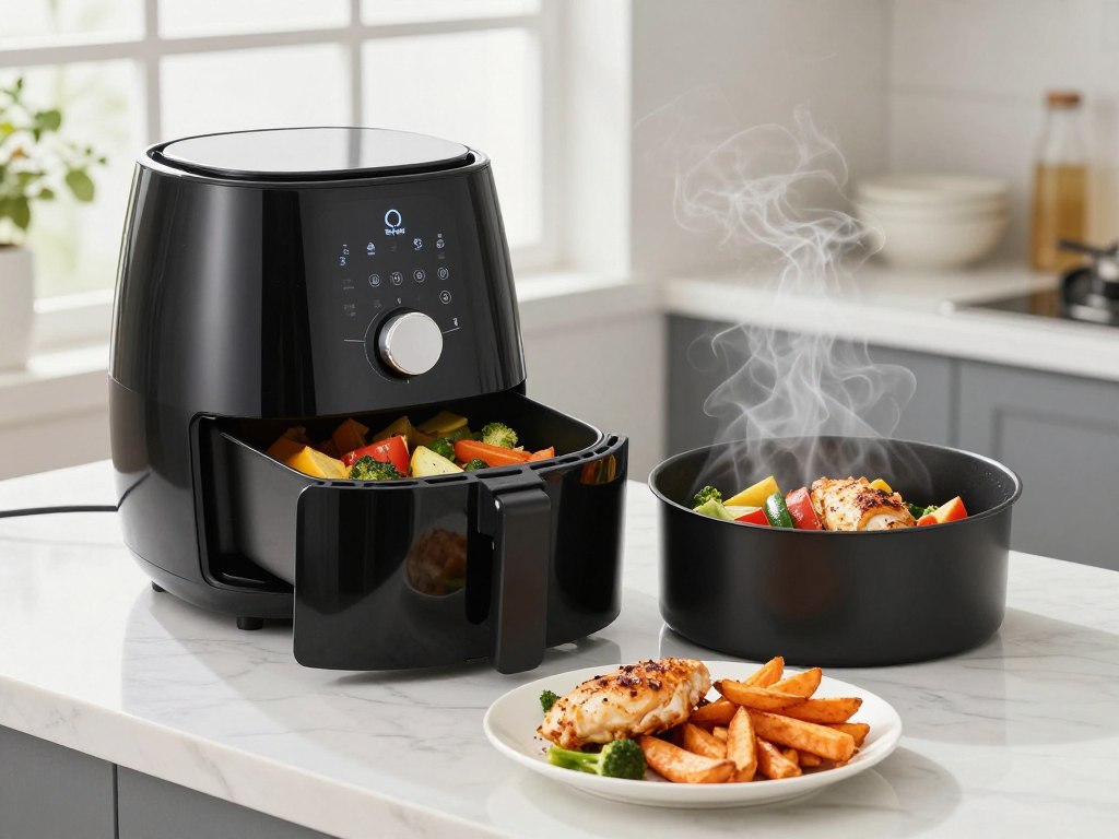 air fryer pe blatul de bucătărie cu legume și piept de pui gătite air fryer pe blatul de bucătărie cu legume și piept de pui gătite