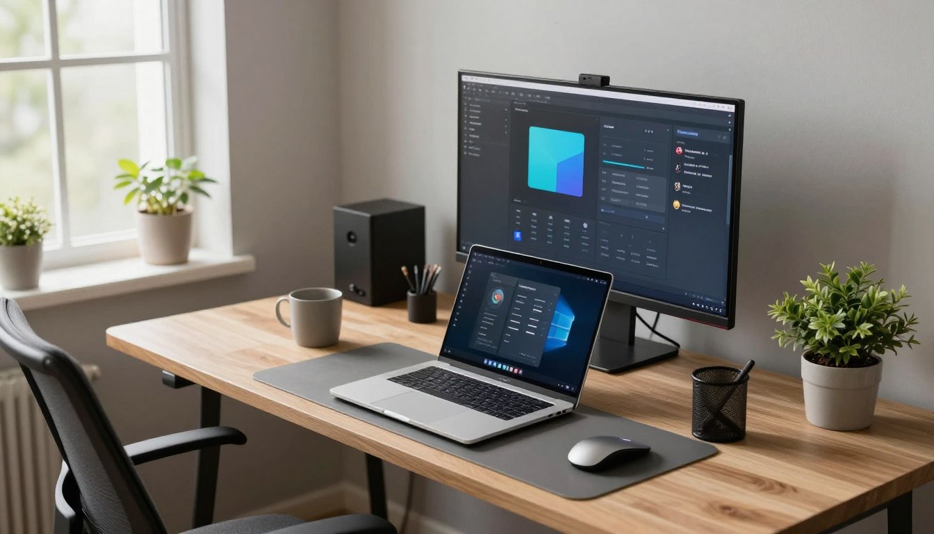 birou home office cu laptop și monitor extern