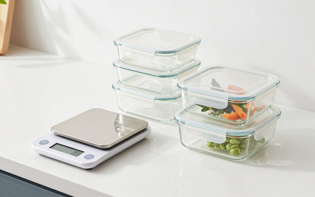 caserole meal prep și cântar de bucătărie digital pe blat caserole meal prep și cântar de bucătărie digital pe blat