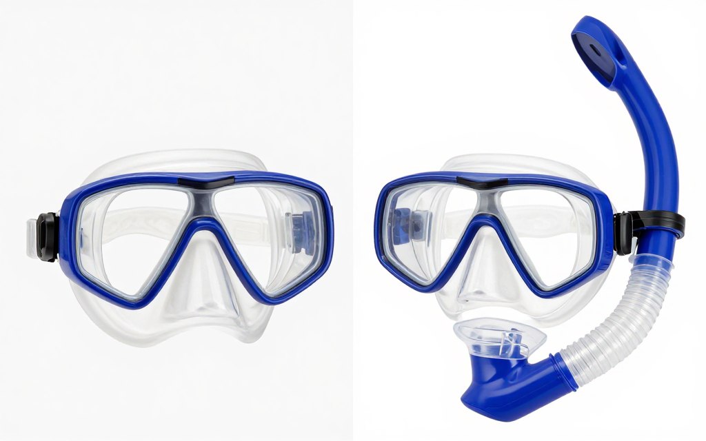 comparatie masti snorkeling full face si clasica prezentate paralel pe fundal neutru comparatie masti snorkeling full face si clasica prezentate paralel pe fundal neutru